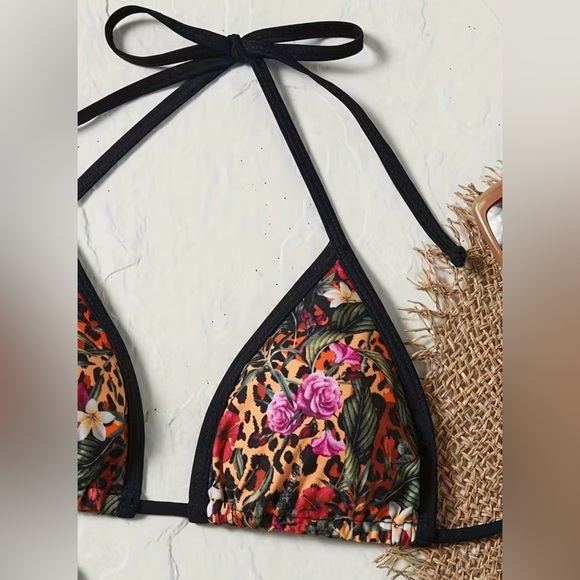 Multicolor Leopard Floral Print Halter Side Tie Cheeky Bikini Set - Picture 6 of 10